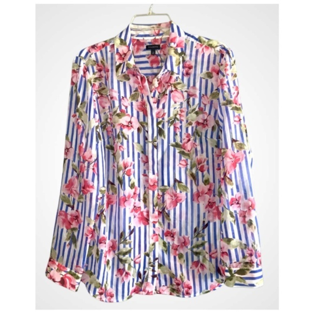 Talbots Pink & Blue SemiSheer Long Sleeve Floral Striped Button-Up Shirt Large